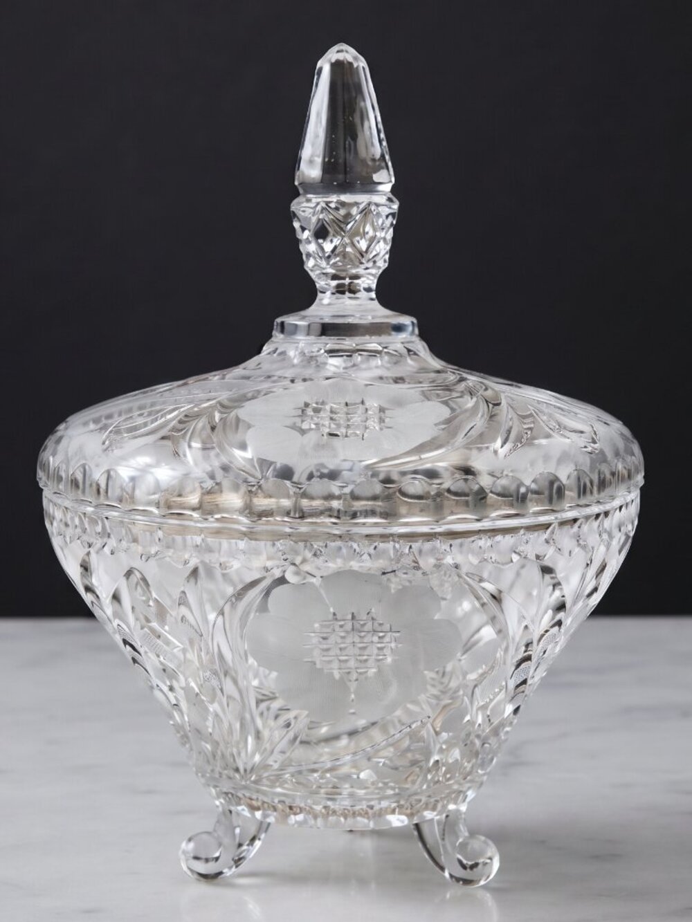 Vintage EAPG Footed Etched Glass Candy Dish w Lid Floral 9.5"